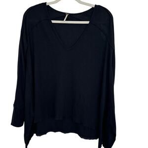 Free People Black Boho Waffle Knit Flowy Long Sleeve Pullover V-Neck,Size XS EUC